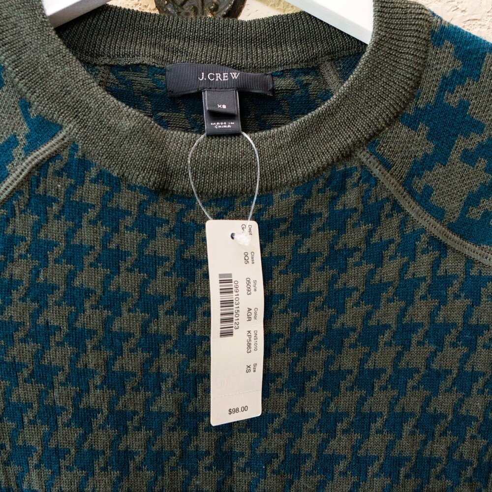 J.Crew NWT 100% Merino Wool Houndstooth Sweater Green Blue Crewneck XS $98 - Picture 2 of 12